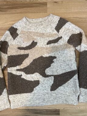 Anthropologie Neutral Camo Crewneck Sweater in Beige, Brown, Cream